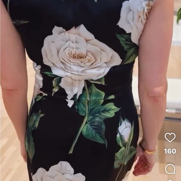 Dolce & Gabbana Black Midi Dress with White Rose Print - Picture 4 of 8